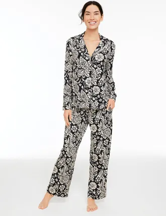 Talbots x Soma Cool Nights Long Sleeve & Pants Pajama Set - Paisley Blooms - Black/Ivory - Medium