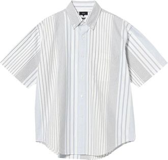 Beams Plus Oxford Button Down Overhemd Multi Gestreept - Heren - Korte mouwen Overhemden - Wit - L - Katoen - Overhemden