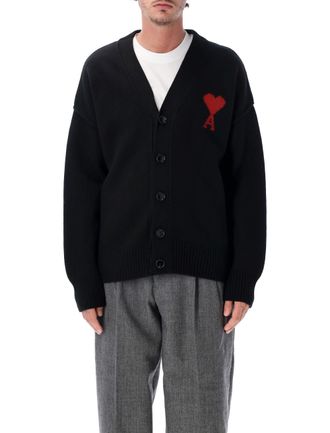Ami Adc Heart Intarsia V-Neck Wool Cardigan