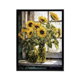 Artery8 Sunflower Vases Still Life Framed Canvas Wall Art Print in Yellow | Size: W24 x H32