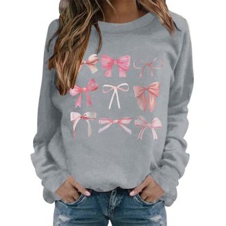 Generic Womens Crewneck Long Sleeve Sweatshirts Pullover Womens Fashion Casual Bow Printed Round Neck Long Sleeve Top Hoodless Sweatshirt Black Jumper (Grey, 