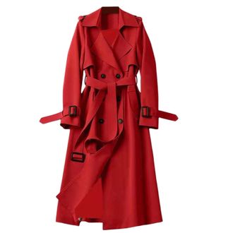 Generic Women Casual Long Trench Windproof Coat with Belt Solid Colour Double-Breasted Lapel Collar Windbreaker Jacket Spring Autumn Coat Outerwear