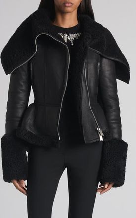 Alexander McQueen Oversize Collar Genuine Shearling Moto Jacket in Black at Nordstrom, Size 4 Us