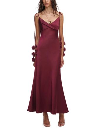 Self Portrait Burgundy Satin Midi Dress with Floral Appliqu&eacute;s