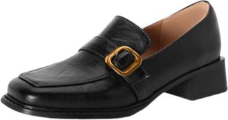 Generic Womens PU Leather Buckle Loafers Slip-On Low Block Heel Square Toe Non-Slip Sole Classic Comfortable Durable Stylish Shoes,Black,3.5 UK