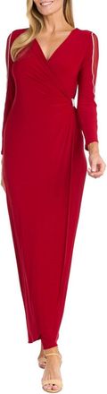 R & M Richards Long Faux Wrap Style Evening Dress In Red