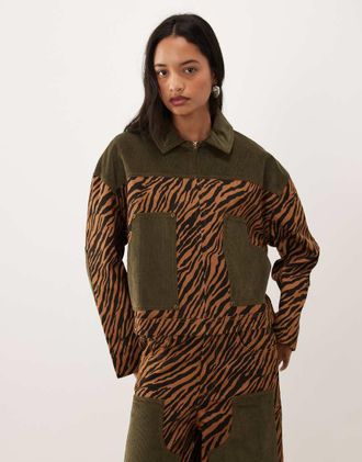 Ghospell Suzu giacca coordinata con pannelli in corduroy e zip, arancione zebra-Multicolore