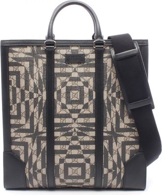 Gucci Beige Black Brown Coated Canvas Leather Handbag Tote Bag (Pre-Owned)