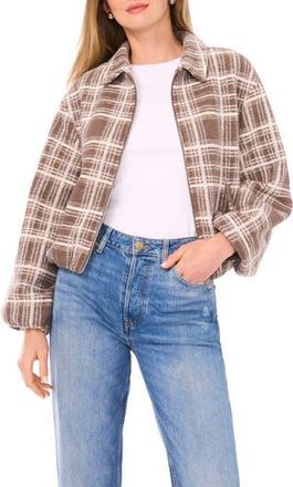 Vince Camuto Plaid High Pile Fleece Bubble Jacket in Stone Khaki at Nordstrom Rack, Size Xx-Small