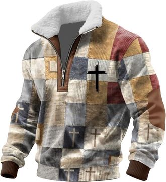 Generic Mens Sweatshirt Without Hood Long Sleeve Shirts Half Zip Transition Jumper Stand-Up Collar Winter Shirt Casual Tops Warm Soft Thermal Shirt Fleece Lon