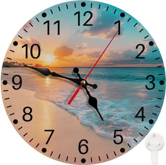 OEM Reloj De Pared Redondo, Silencioso, A Pilas, Sin Tictac, 30 Cm, Playa, Cielo Azul, Arena, Decoraci&oacute;n Para El Hogar, Sala De Estar, Cocina, Dormitorio 