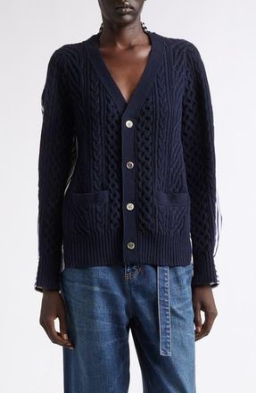 sacai Mixed Media Wool Cable & Poplin Shirt Cardigan in Navy/navy Stripe at Nordstrom, Size 2