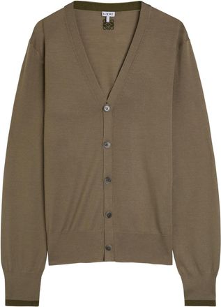 Loewe Logo-embroidered Fine-knit Wool Cardigan - Khaki - XL