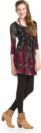 Papillon Paisley Border Print 3/4 Sleeve Pleated Waist Dress In Black