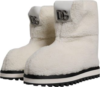 Dolce & Gabbana Mens White Plush Logo Padded Mid Calf Boots Shoes Fabric