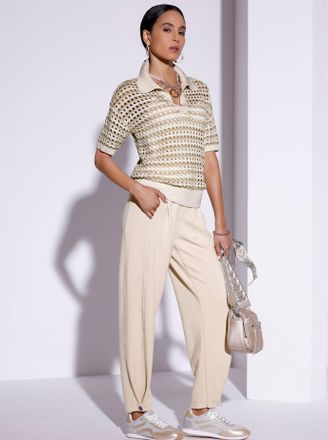 Cr&eacute;ation L Kurzarmpullover CREATION L Pullover, Damen, Gr. 36, ecru, sand, gemustert, 37% Viskose, 33% Polyester, 25% Lyocell, 5% metallisierte Fasern, gemustert