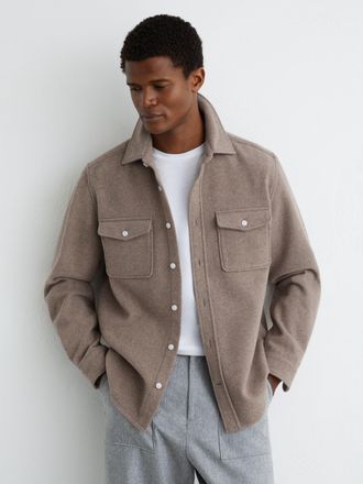 Reiss Oatmeal Melange Wool-blend Twin-pocket Overshirt, XL