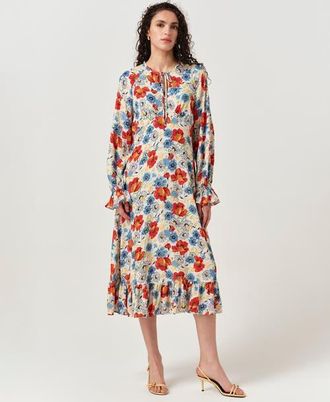Ghost London Georgie Tie Neck Crepe Midi Dress in Ivory Floral at Nordstrom, Size 16