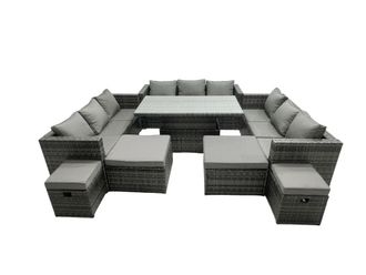 Fimous Rattan Dining Table Sofa Set with 4 Stools Outdoor 13 Seat in Dark Grey