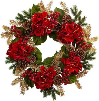 Nearly Natural 24-in Hydrangea Pine Wreath in Red at Nordstrom