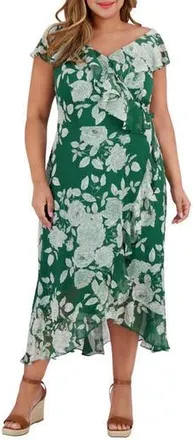 London Times Ruffle Wrap Maxi Dress in Dark Green/White at Nordstrom Rack, Size 16W