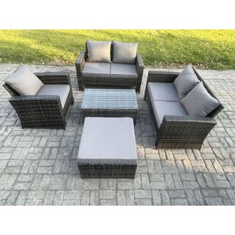 Fimous Wicker Rattan Garden Furniture Sofa Set with Rectangular Coffee Table Double Seat Sofa Chair Big Footstool 6 Seater Outdoor Rattan Set Dark Grey