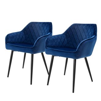 ML Design Set 2x Sillas De Comedor Azul Oscuro Estilo Moderno Asiento Tapizado Aspecto De Terciopelo Patas De Metal Negras Con Respaldo Y Apoyabrazos Sill&oacute;n Mod