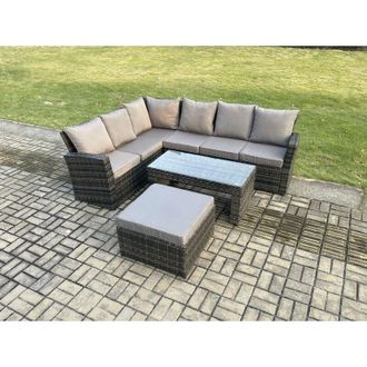 Fimous 7 Seat Rattan Garden Furniture Corner Sofa Set Outdoor Patio Sofa Table Set with Big Footstool Dark Grey Mixed - Fimous