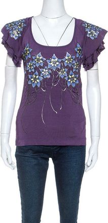 Just Cavalli Purple Stretch Jersey Floral Embossed Detail Top