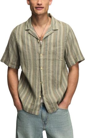 Lucky Brand Stripe Linen & Cotton Camp Shirt in Olive Multi at Nordstrom, Size Xx-Large