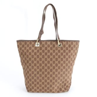 Gucci Brown Leather Canvas Handbag Tote Bag (Pre-Owned)