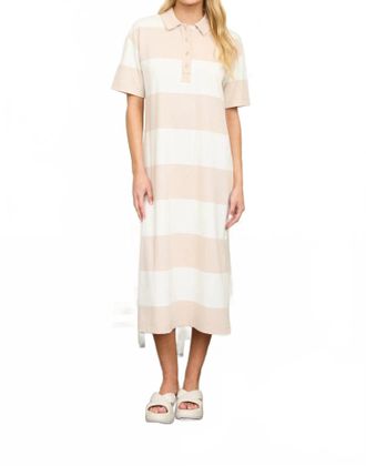 J.O.A. Wide Stripe Collared Short Sleeve Midi Shirt Dress In Khaki