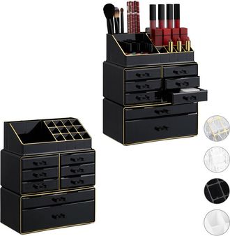 Relaxdays 2x Organizer Make-up con Cassetti, Contenitore Impilabile con Porta-Rossetti, in Acrilico, Nero Oro