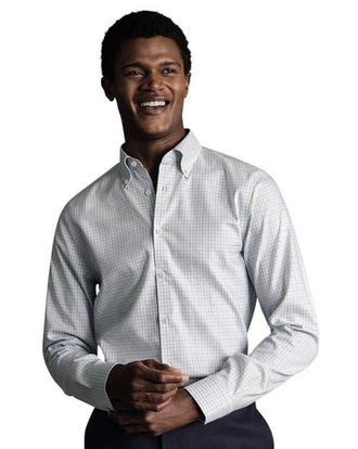 CHARLES TYRWHITT Check Non-Iron Button-Down Oxford Slim Fit Shirt Single Cuff in Light Green at Nordstrom, Size 15.5 - 34