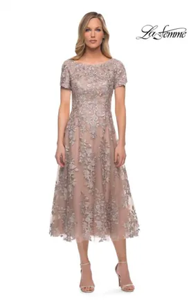 La Femme Tea Length Tulle Dress In Champagne