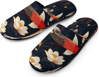 Generic Gold And Red Japanese Fish Mens Cotton Slippers Memory Foam Comfort House Shoes Winter Indoor Slipper for Hotel Casa Spa