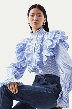 Karen Millen Pleated Striped Ruffle Woven Shirt at Nordstrom, Size 6