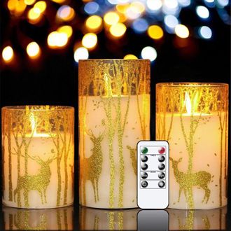 OEM Velas Sin Llama Decoradas Con Alces, Con Temporizador Remoto, Mecha M&oacute;vil Y Luz Led Parpadeante A Pilas, Juego De 3 -crezuo