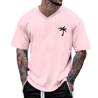 Generic Mens Shirts Short Sleeve Summer Beach Coconut Print V Neck Shirt Lightweight Comfortable Sports Athletic Running Basic Tees, Pink, XXL