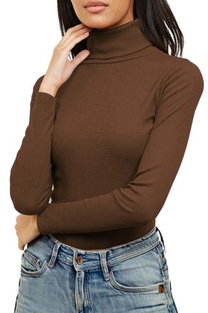 Re Tech UK Ladies Plain Ribbed Cotton Polo Turtle Roll Neck Tunic Top Jumper Full Sleeve, Dark Chocolate Brown, L/XL 16-18 Plus Size