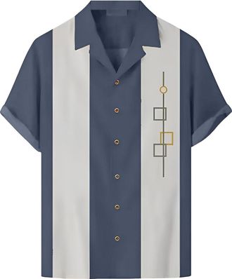 Generic Mens Vintage Bowling Shirt 1950s Retro Rockabilly Style Short Sleeve Button Down Music Hawaiian Shirts Bowling Shirt Retro Print Hawaiian Shirts Short