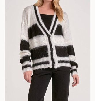 Elan Stripe Fuzzy Cardigan In Black & White