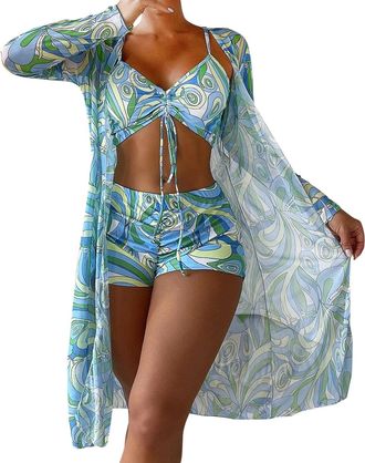 Generic HOOUDO 3 Piece Bikini Sets for Women UK Criss Cross Tropical Print Top Swimsuits Beachwear High Waisted Tummy Control Bottoms with Cover Ups Bathing S