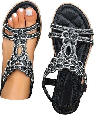 Generic UK 4.5 Glitter Diamond Sandals for Women Dressy SALE Clearance Womens Summer Open Toe Diamond Bohemian Flat Sandals Beach Holiday Ladies Sandal footwe