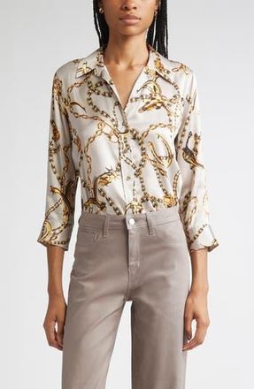 L'agence Dani Chain Print Silk Button-Up Shirt in Smk Gr/gd Lng Hrn Chn at Nordstrom Rack, Size X-Large