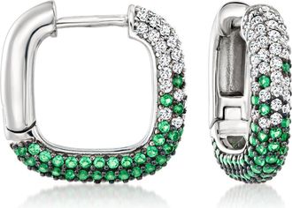 Ross-Simons Italian. Simulated Emerald and. CZ Square Hoop Earrings in Sterling Silver