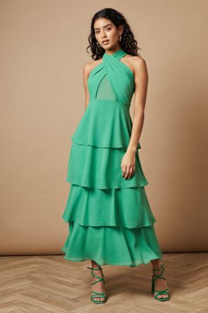 Oasis Womens Petite Halter Neck Cutout Tiered Maxi Dress - Green - Size 12 UK