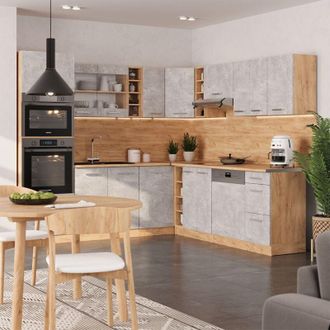 Vicco Cocina Esquinera R-line, Hormig&oacute;n/roble Dorado, 237 X 247 Cm, Et Roble