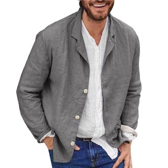 Generic Mens Linen Cotton Blazer, Grey, XL, Regular Fit, Long Sleeve, Straight, Summer, Lightweight, Breathable, Button Closure, Notch Collar, Solid Pattern, 