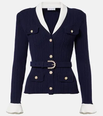 Self Portrait Belted ribbed-knit cardigan